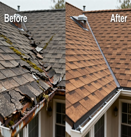 Before and After of a Shingle Roof repaired by Dallas Roofings